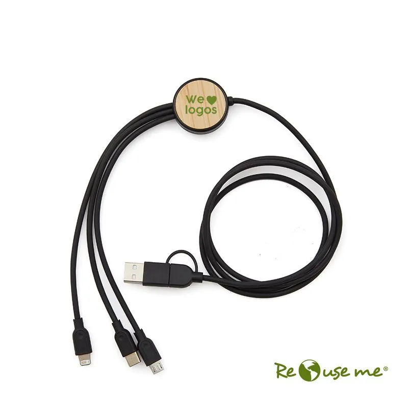 Adaptadores y Cargadores Personalizados | Cable Multicargador 3 en 1 Bambú con logo | Regalos Corporativos Personalizados